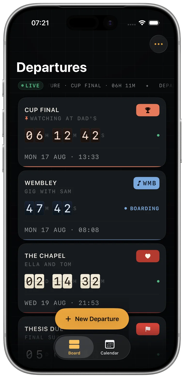 The Depart board on iPhone, five countdowns stacked soonest first, each with its own destination, three-letter code and flip counter