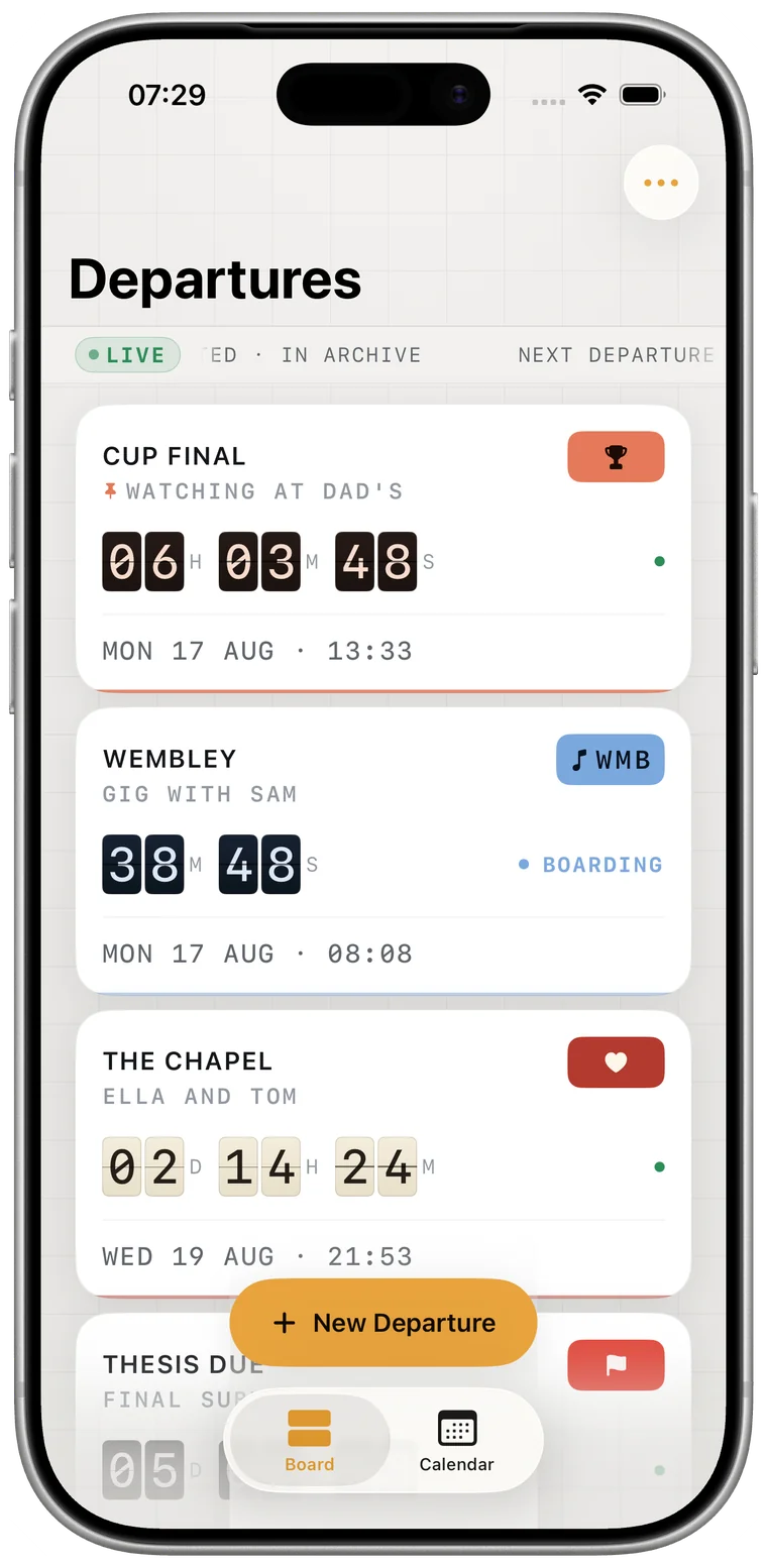The Depart board on iPhone, five countdowns stacked soonest first, each with its own destination, three-letter code and flip counter