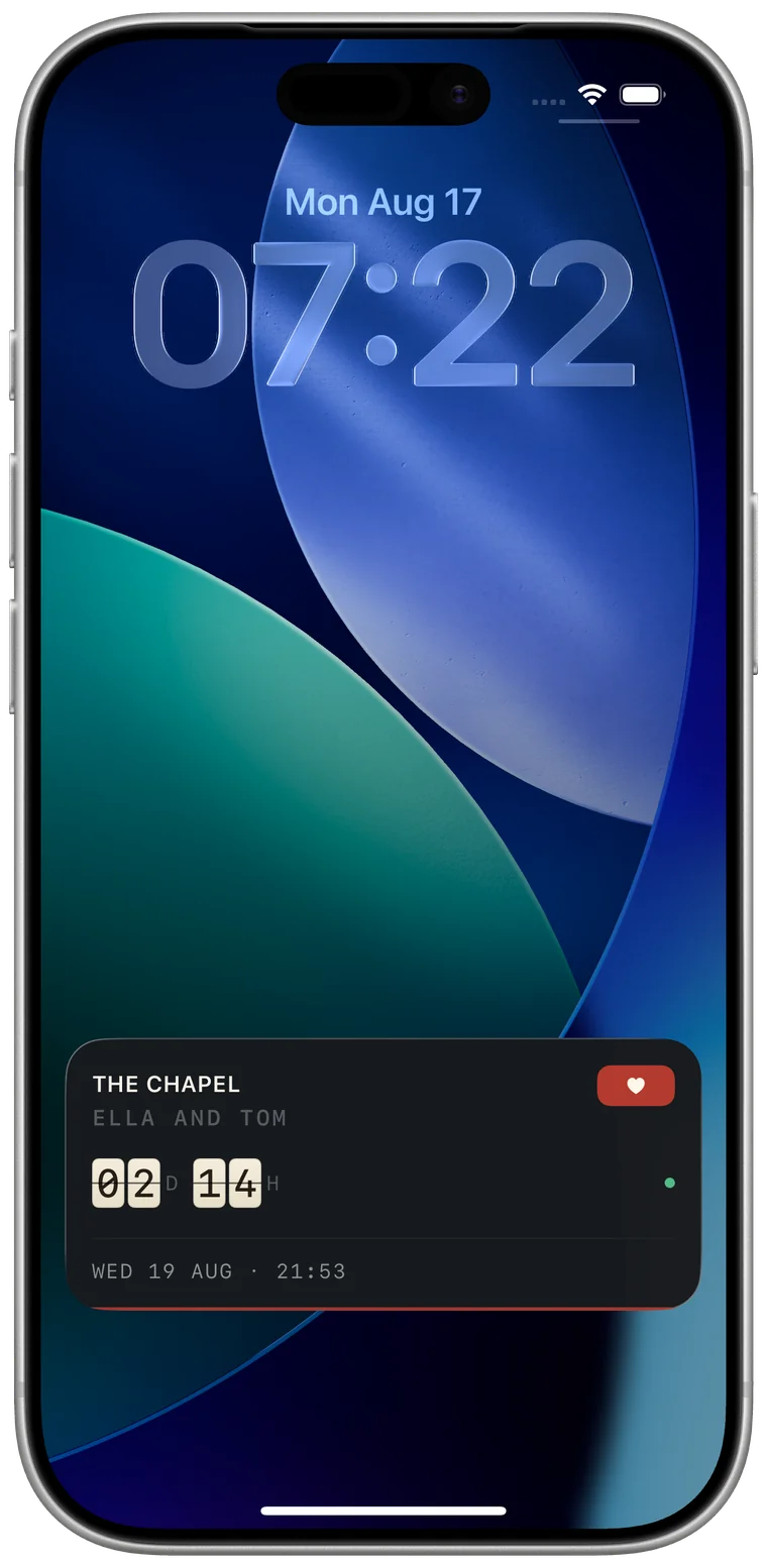 An iPhone Lock Screen with a Depart Live Activity counting down to a wedding, two days and fourteen hours out