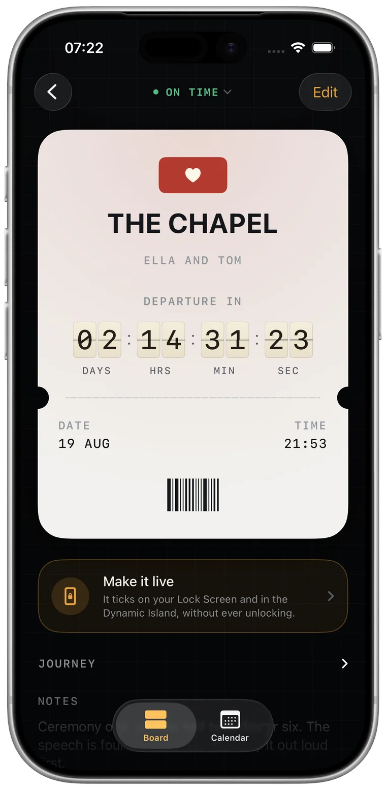 A Depart countdown opened as a boarding pass — perforated edge, barcode, and days, hours, minutes and seconds set large across the top