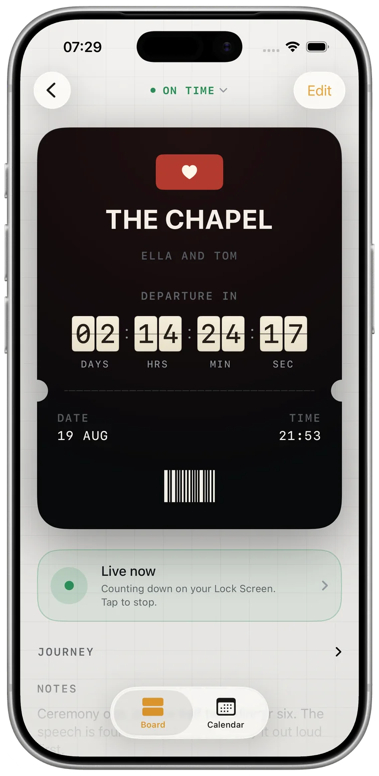 A Depart countdown opened as a boarding pass — perforated edge, barcode, and days, hours, minutes and seconds set large across the top