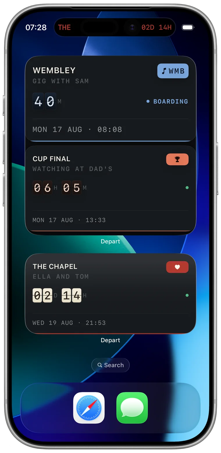 An iPhone Home Screen with two Depart widgets on it, a large one showing two countdowns and a medium one showing a third, each in a different board style