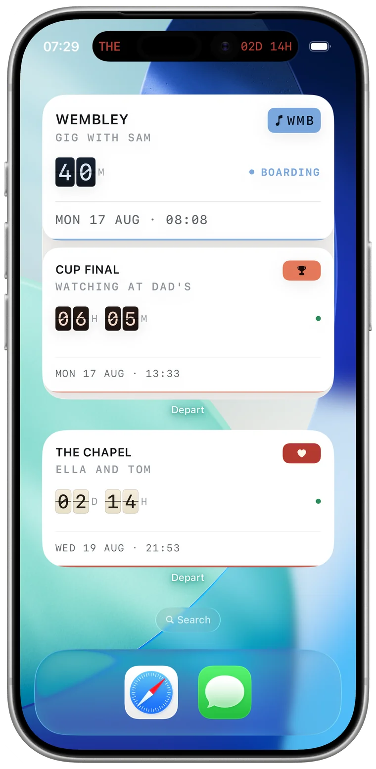 An iPhone Home Screen with two Depart widgets on it, a large one showing two countdowns and a medium one showing a third, each in a different board style