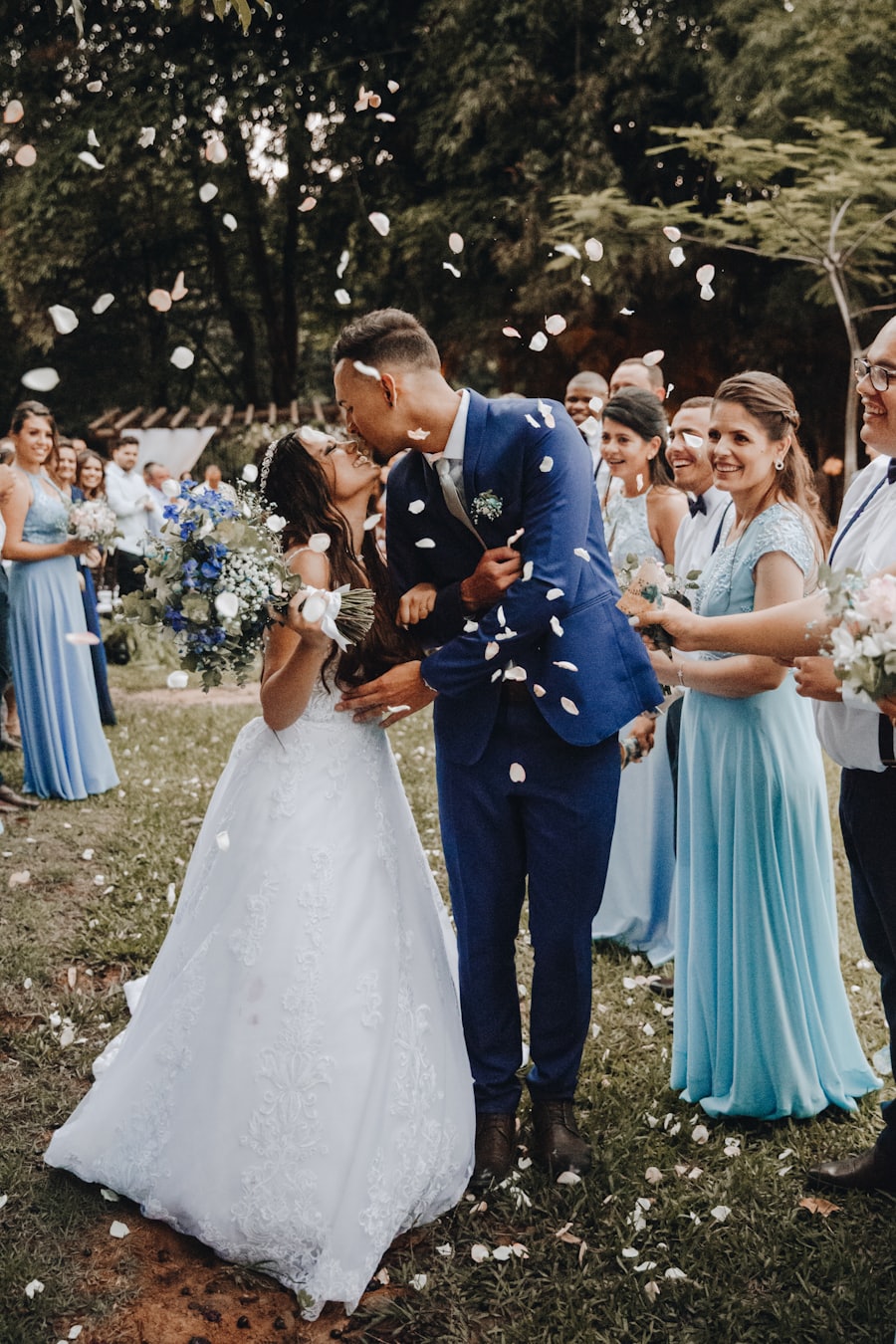 A couple on their wedding day, confetti in the air
